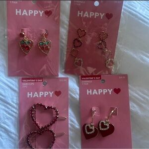 Valentine Heart Earrings & Hair Clips Set - Red, Pink, Gold